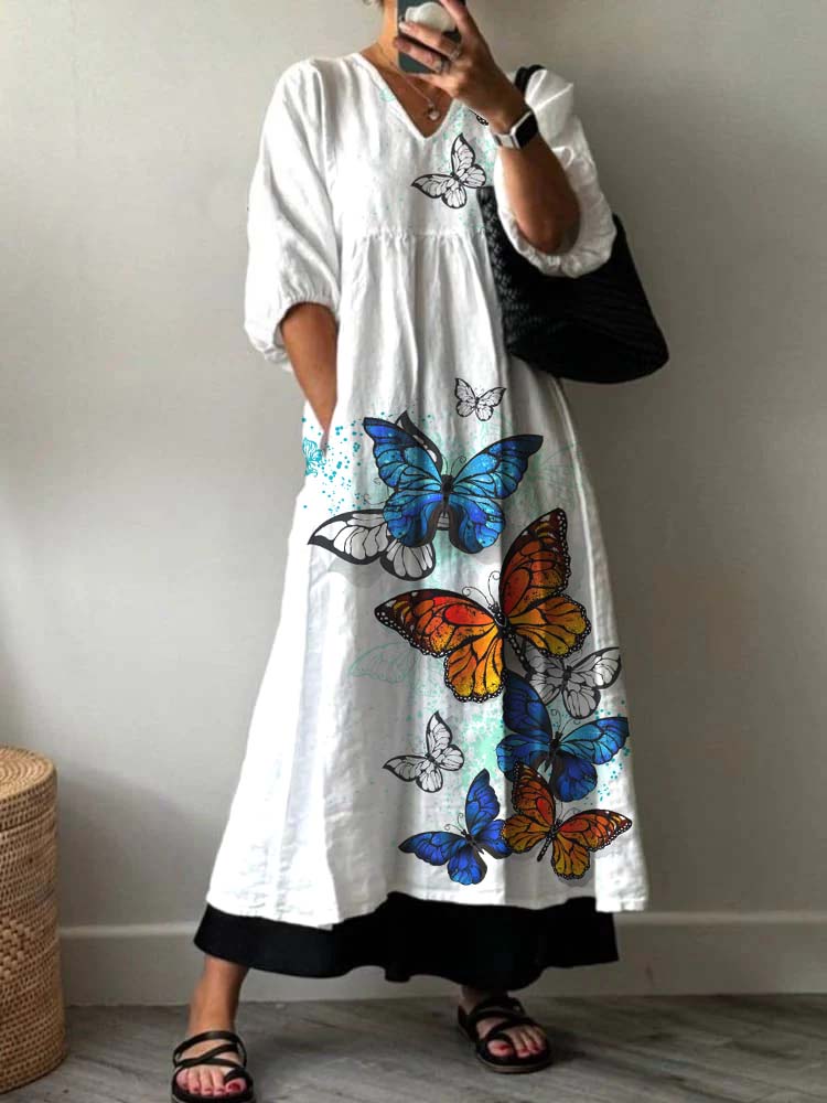 Women's Butterfly Flower Floral Pattern Cotton Dress