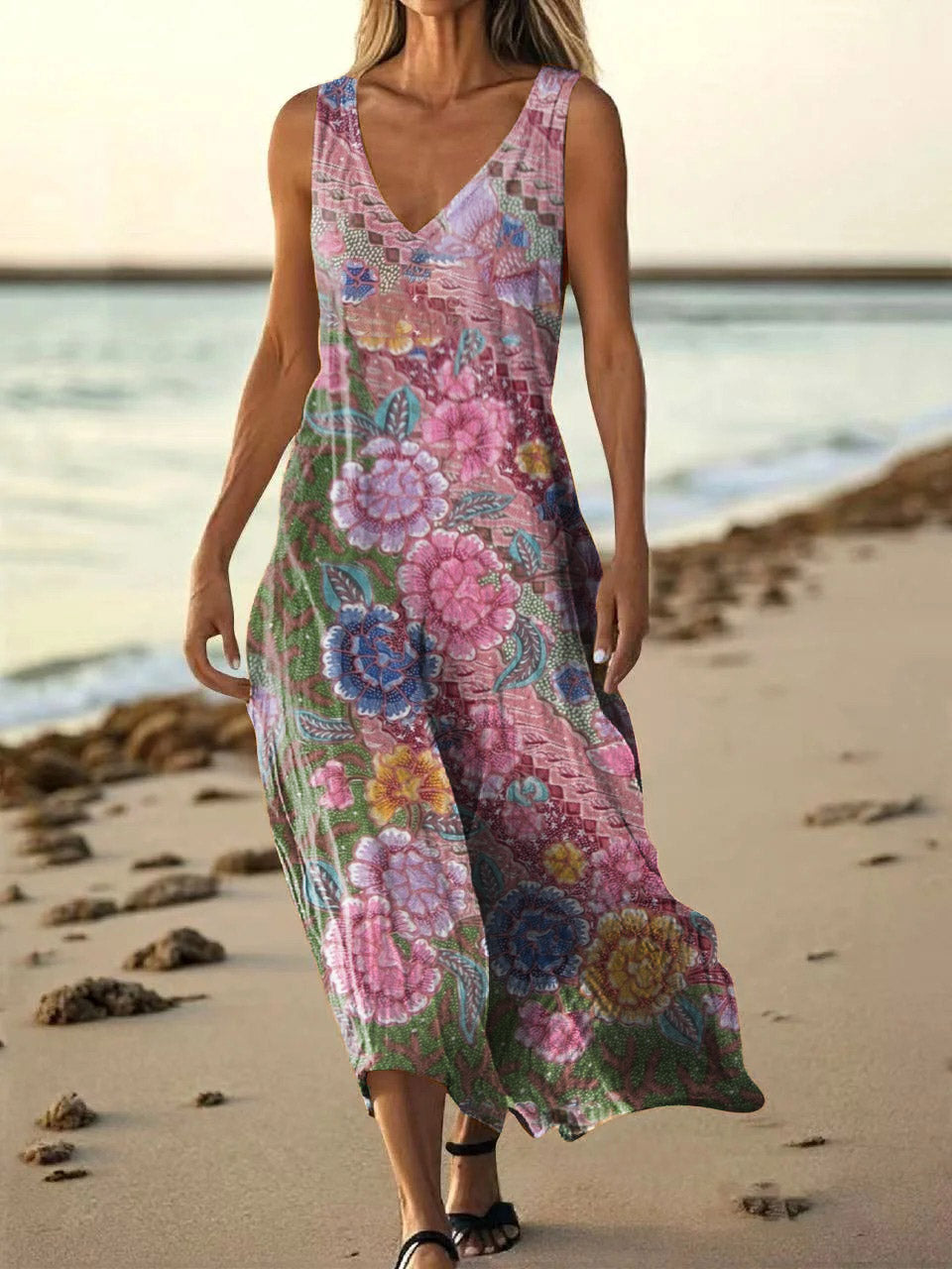 Women's Vintage Floral Embellished Pattern Art Print Pocket Cotton Dre