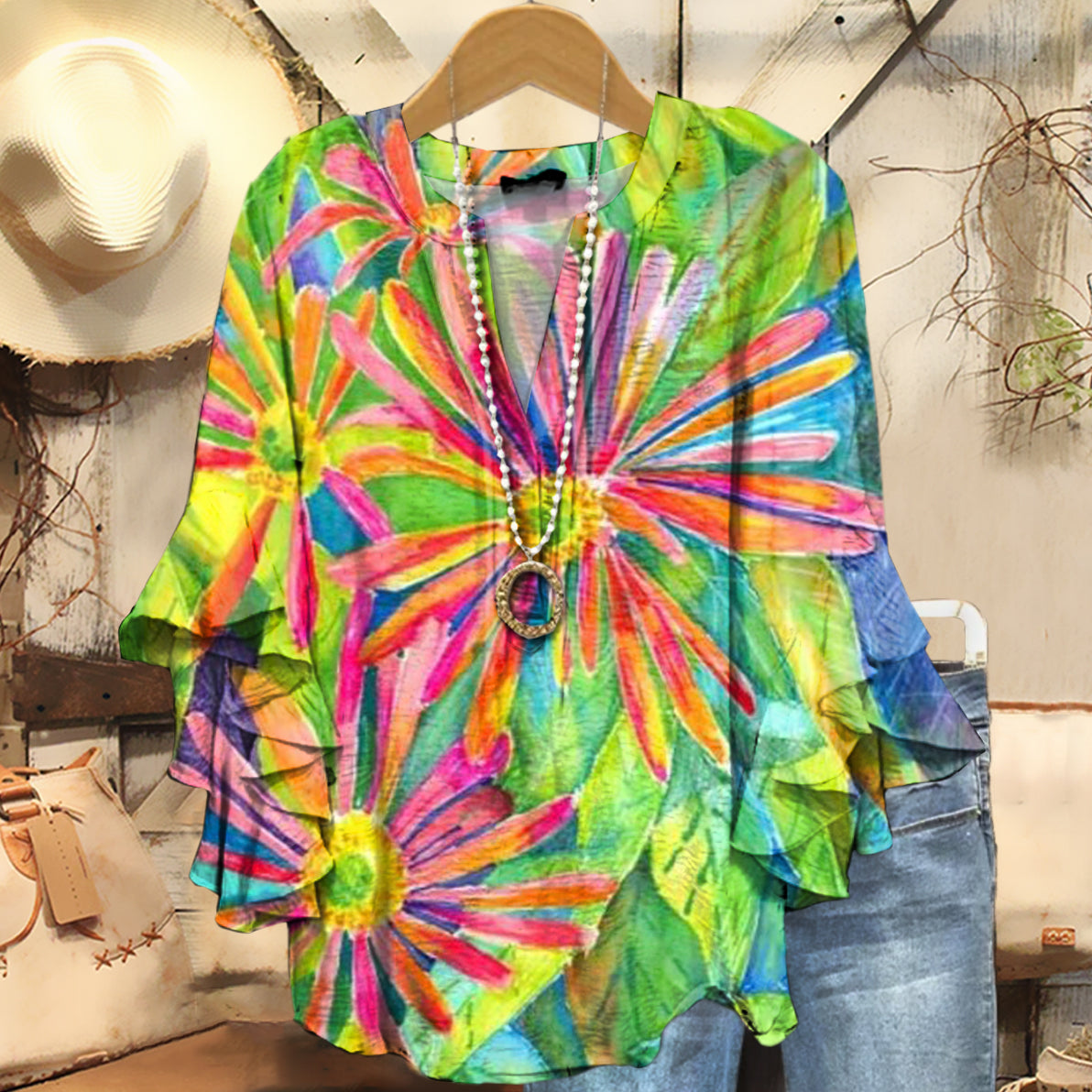 Women's Colorful Floral Art Print Casual Cotton And Linen Shirt