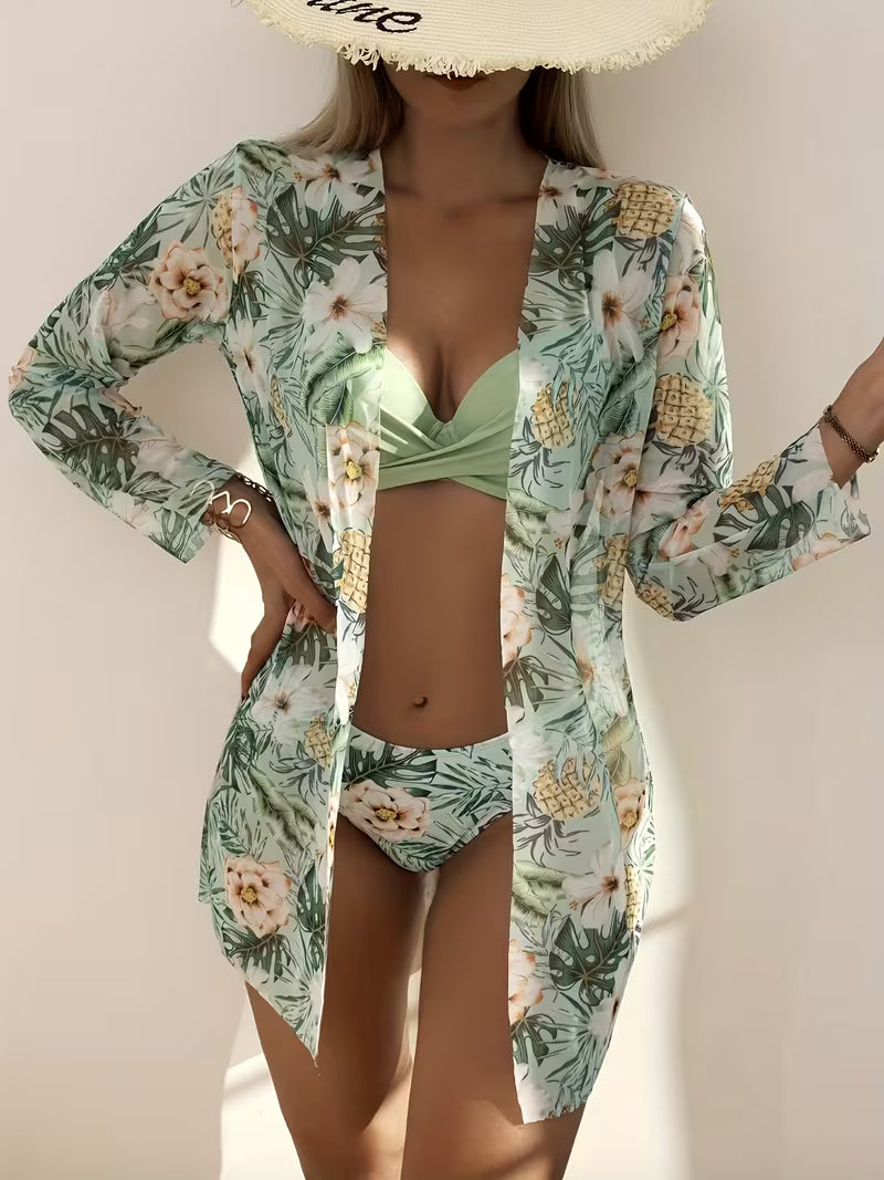 Pineapple Print Bikini with Kimono