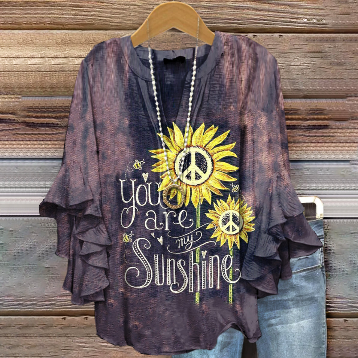 Women's Art Painting Hippie Sunflower Letters Graffiti Fun Print V-Nec