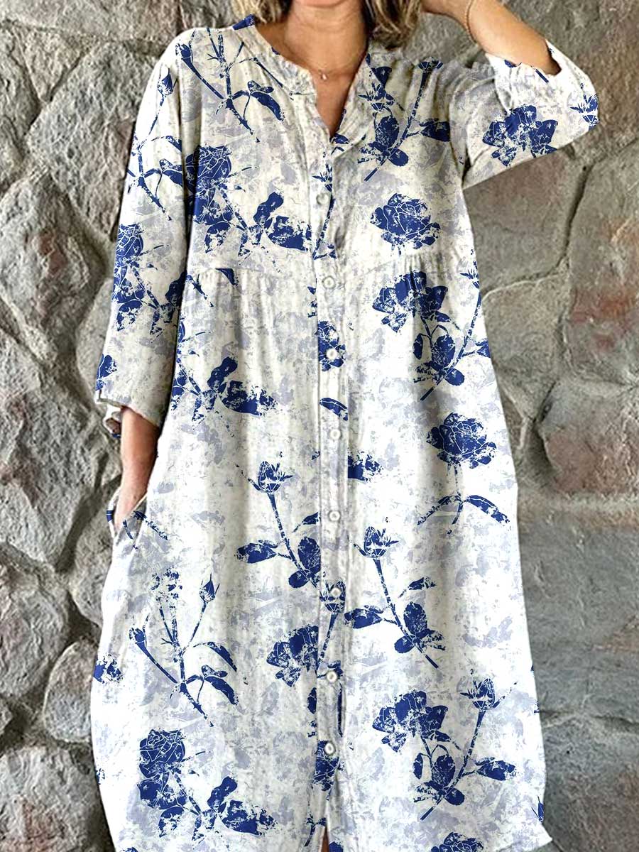 Women's Artistic Floral Pattern Cotton Shirt Dress