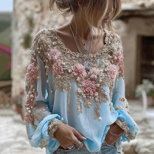 3D Floral Lace Applique Blouse