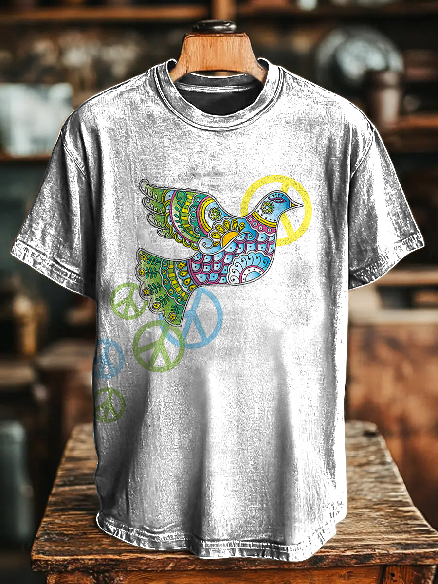 Abstract Hippie Love and Peace Bird Vintage Art Print Casual T-shirt F
