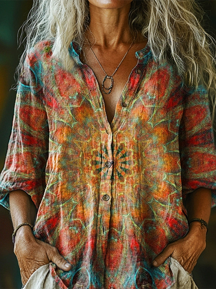 Women's Retro Mandala Art Print Linen And Cotton V-neck Casual Shirt