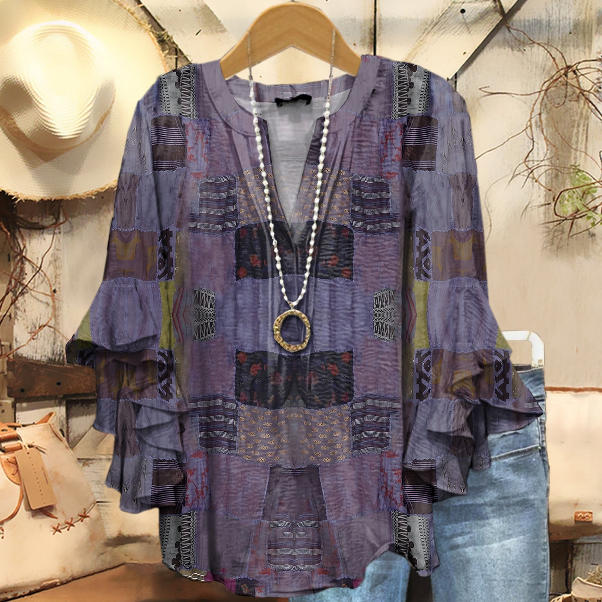 Women's Retro Ethnic Patchwork Art Pattern Print Casual Cotton Shirt