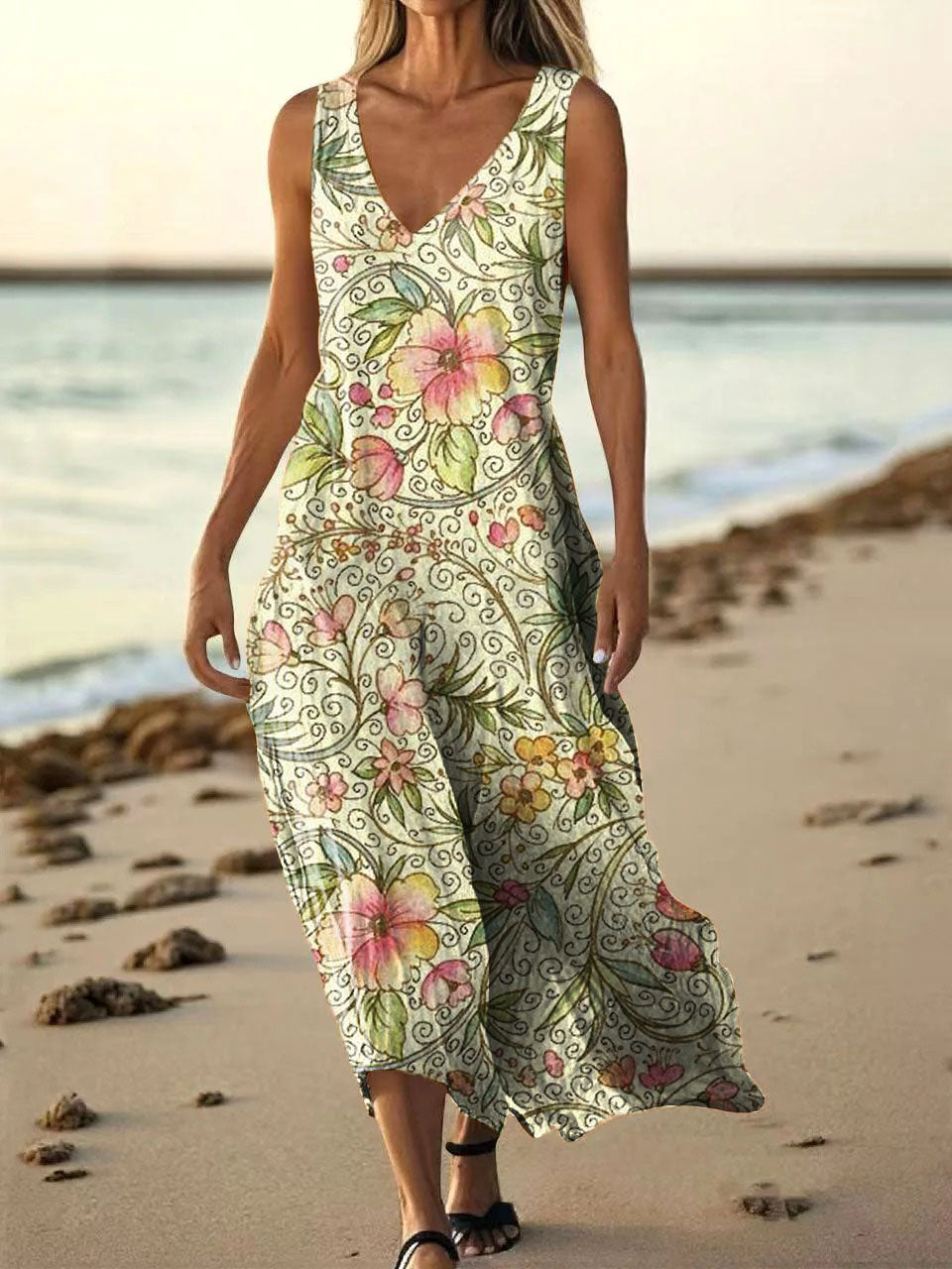 Women's Flower Art Print V-neck Sleeveless Pocket Cotton Dress