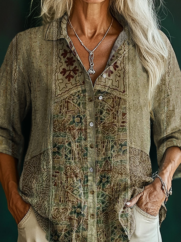 Women's Vintage Ethnic Tattoo Pattern Art Print Casual Cotton Shirt