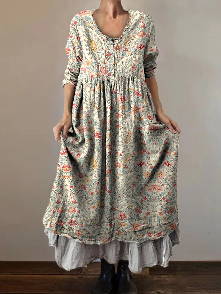 Women's Floral Art Print V-Neck Button Pocket Cotton Dress