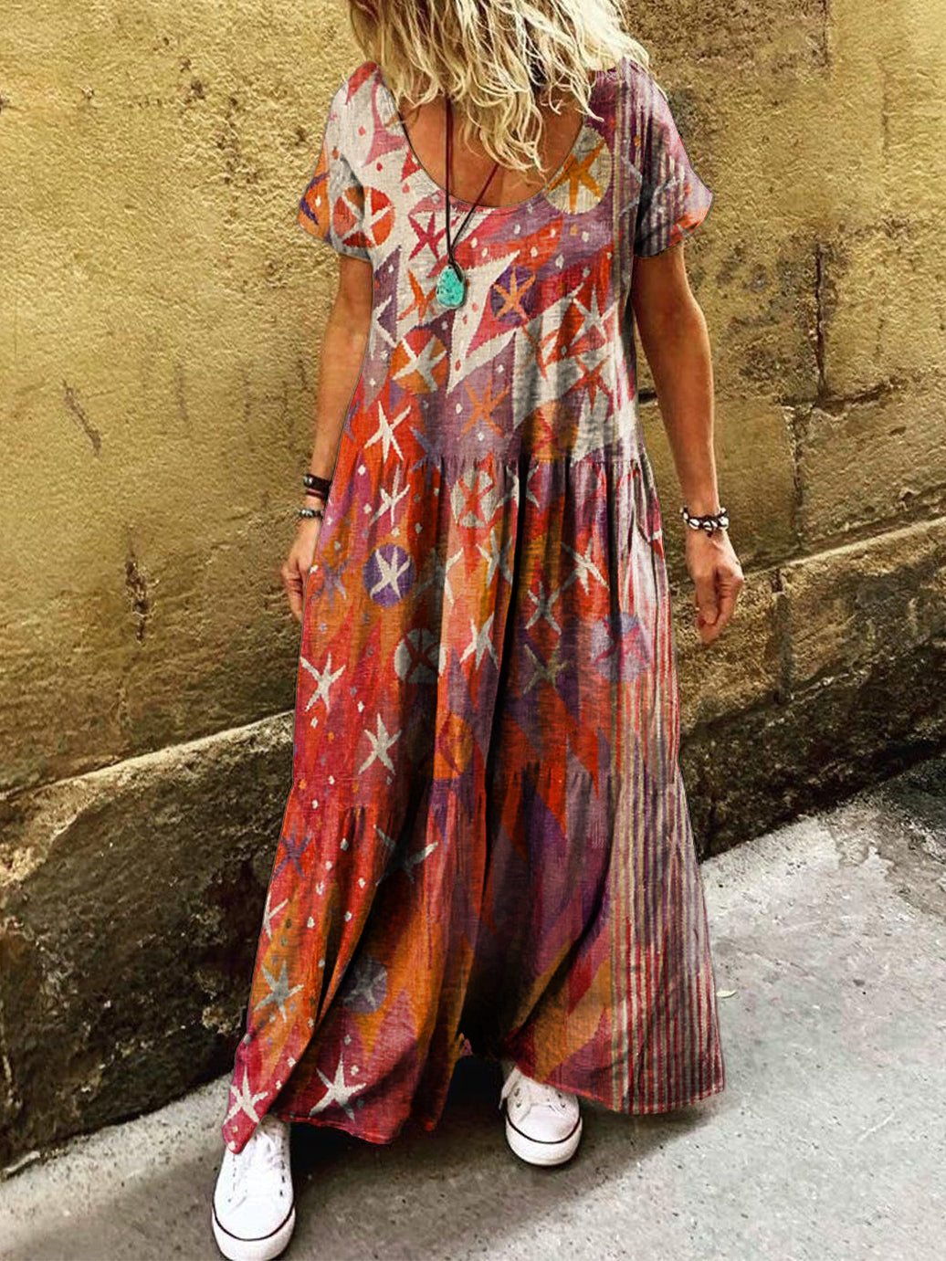 Women's Vintage Bohemian Ethnic Art Print Pocket Short Sleeve Cotton D