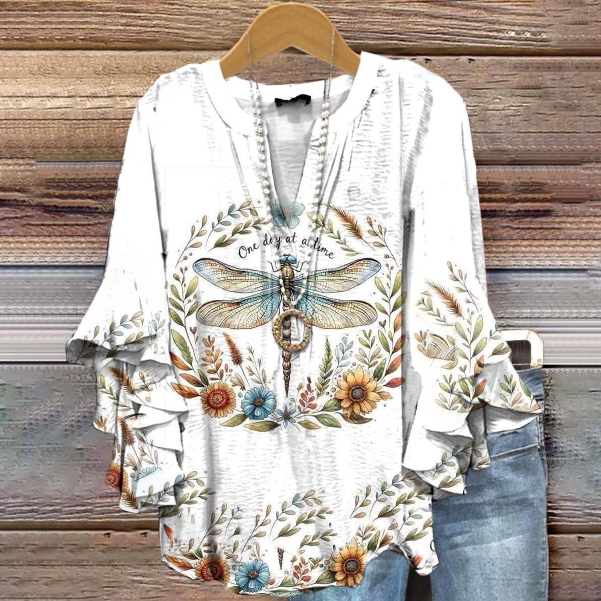 Women's Dragonfly Floral Pattern Art Print Cotton Linen Casual Shirt