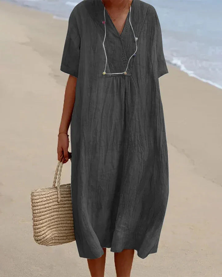 Linen V Neck Midi Dress