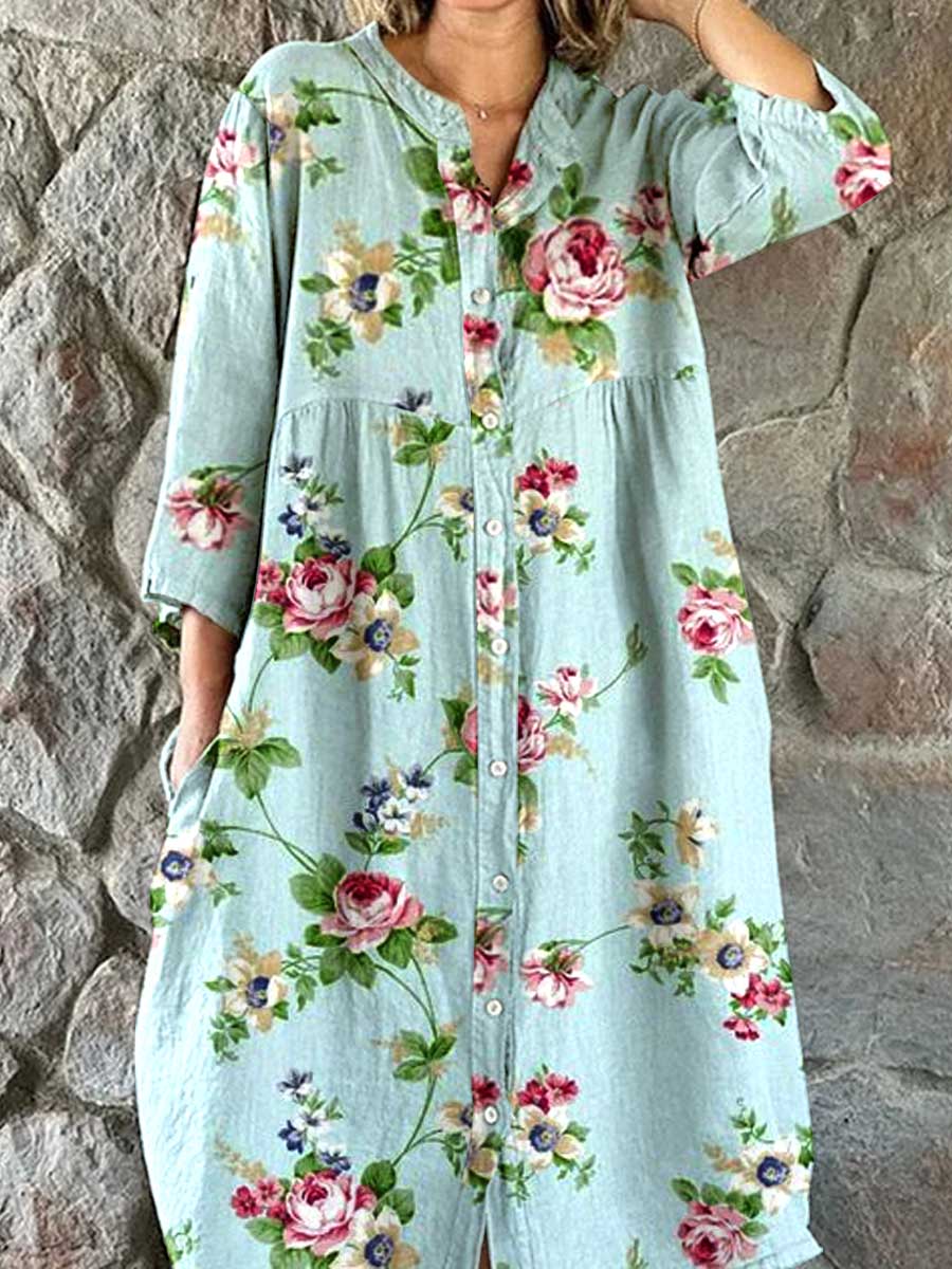 Women's Resort Art Rose Floral Cotton Shirt Dress