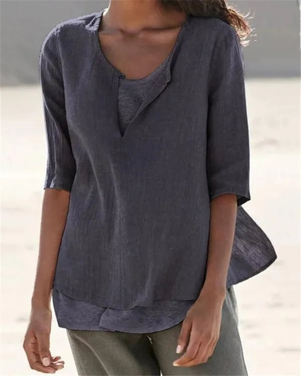 Linen V Neck Layered Top With 34 Sleeves