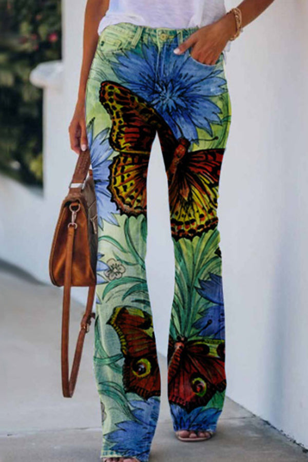 Printed Faux High Rise Flare Pants