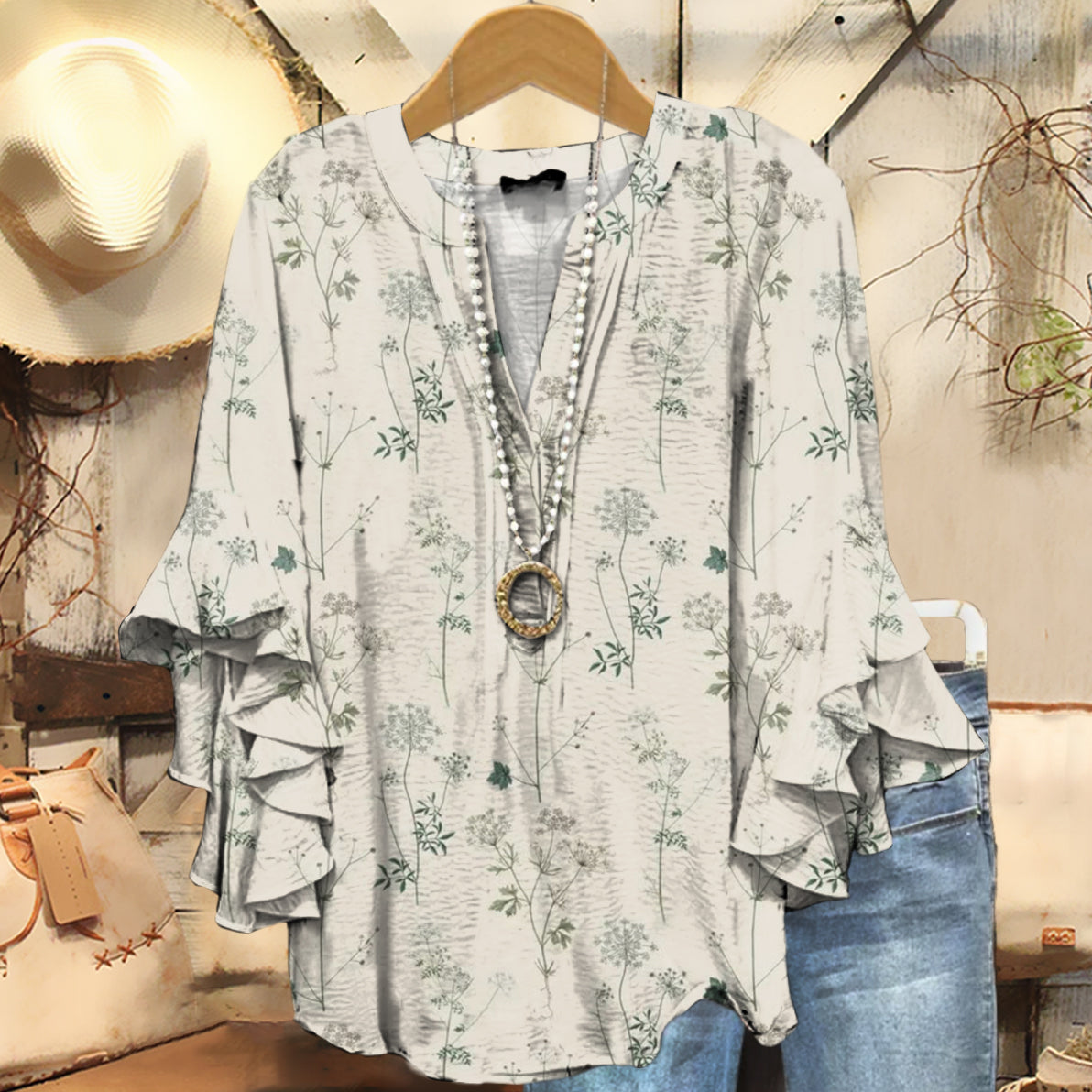 Women's Vintage Floral Art Print Casual Cotton And Linen Shirt