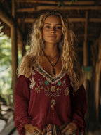 Embroidered Floral V Neck Peasant Top