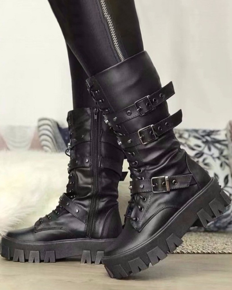 Boots with zipper and buckles