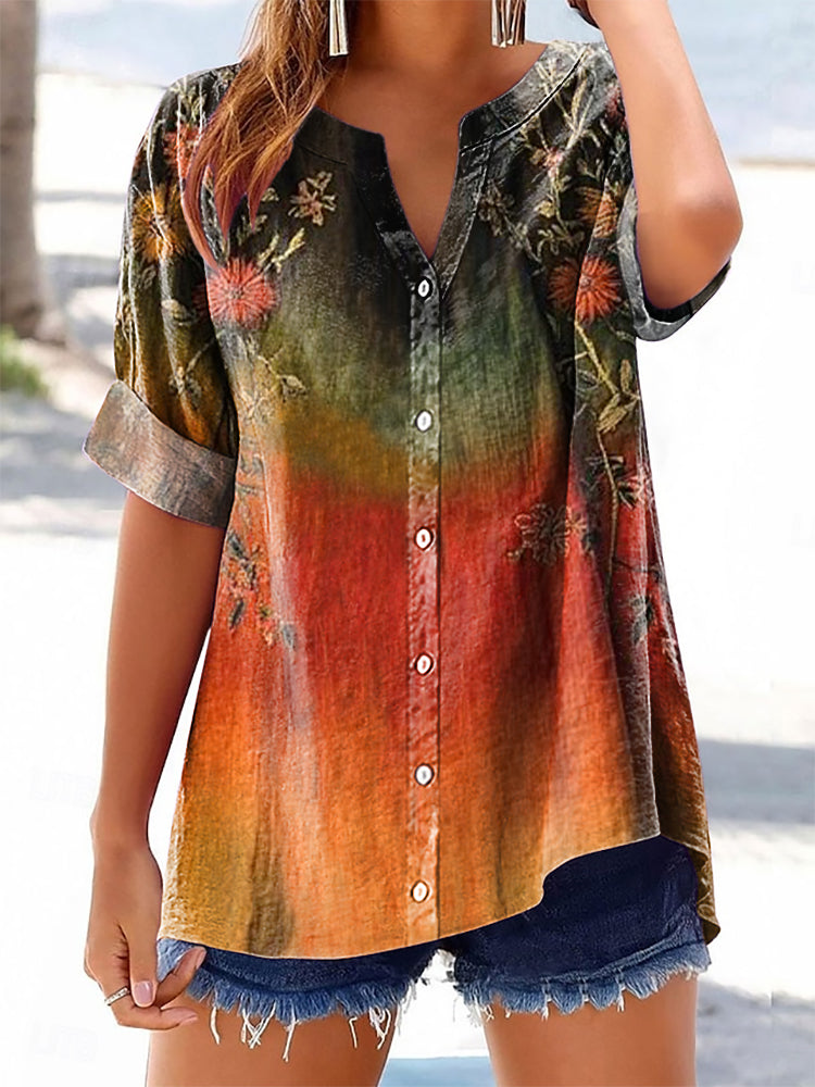 Women's Vintage Ethnic Floral Art Print Casual Cotton And Linen Shirt
