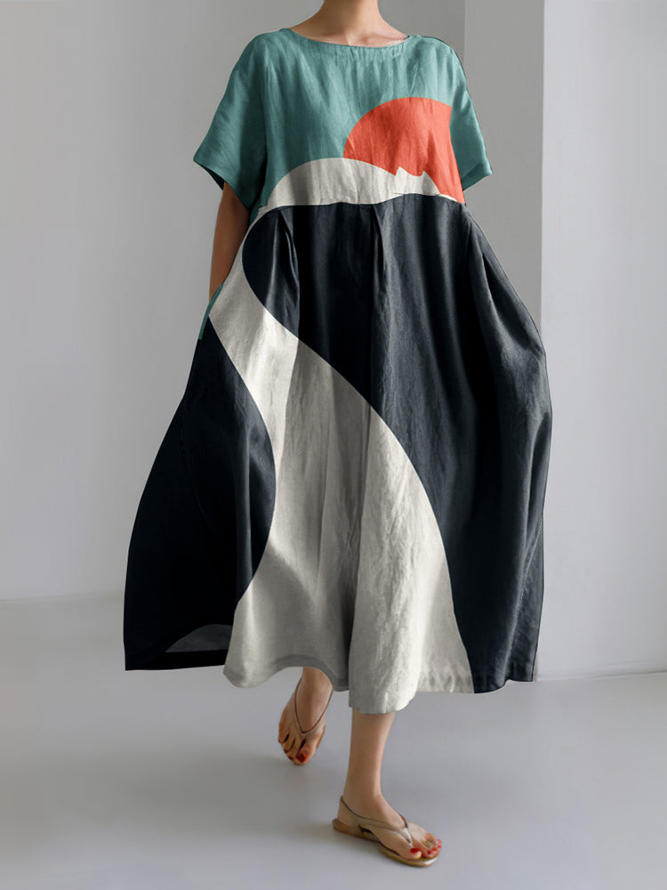 Abstract Creative Cute Lazy Cat Painting Art Linen Blend Dress