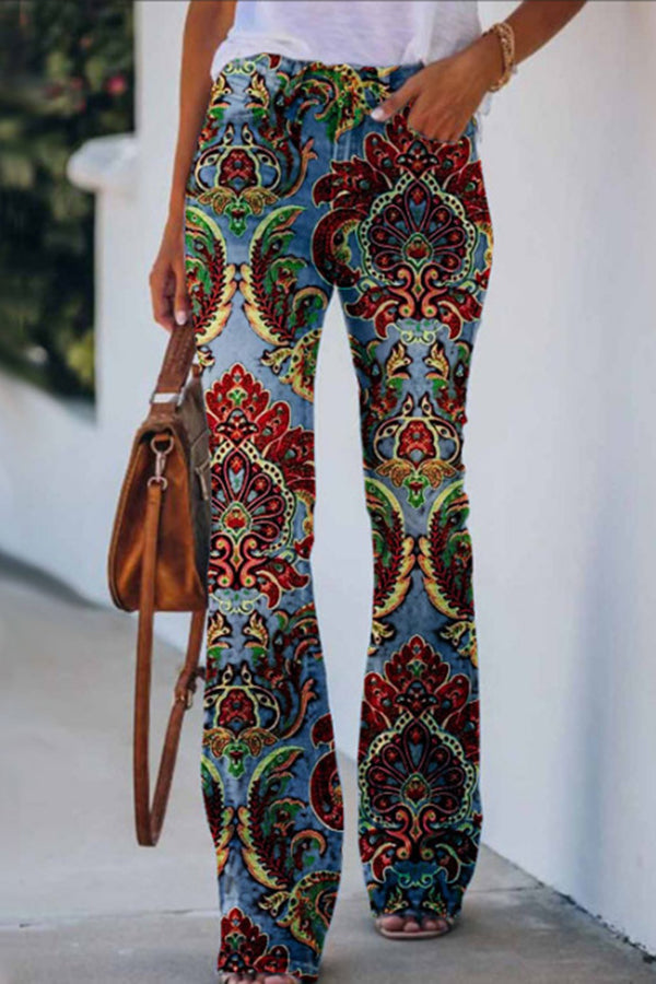 Printed Faux High Rise Flare Pants
