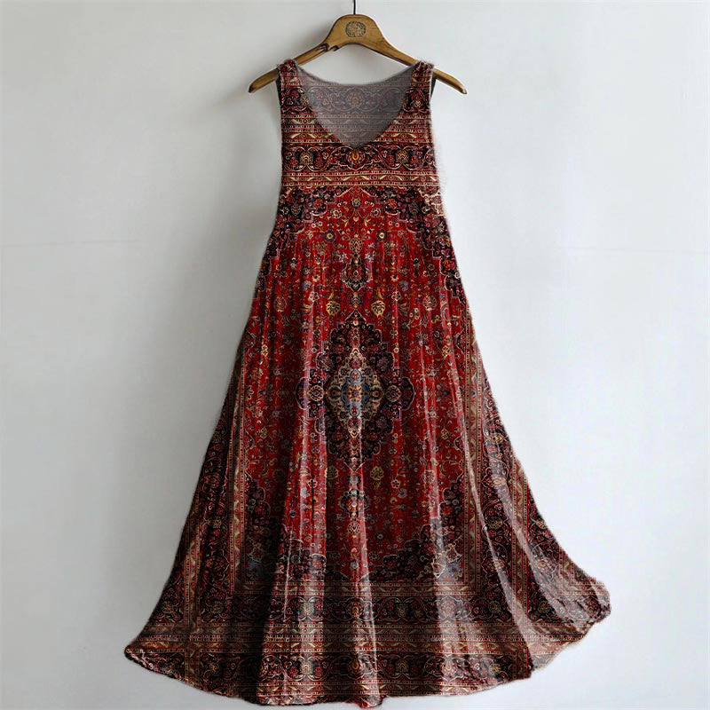 Women's Vintage Ethnic Floral Art Print Sleeveless Cotton Pocket Dress