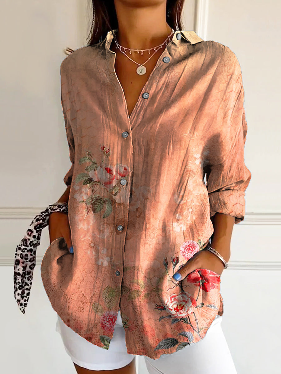 Women's Vintage Floral Art Print Casual Cotton Shirt