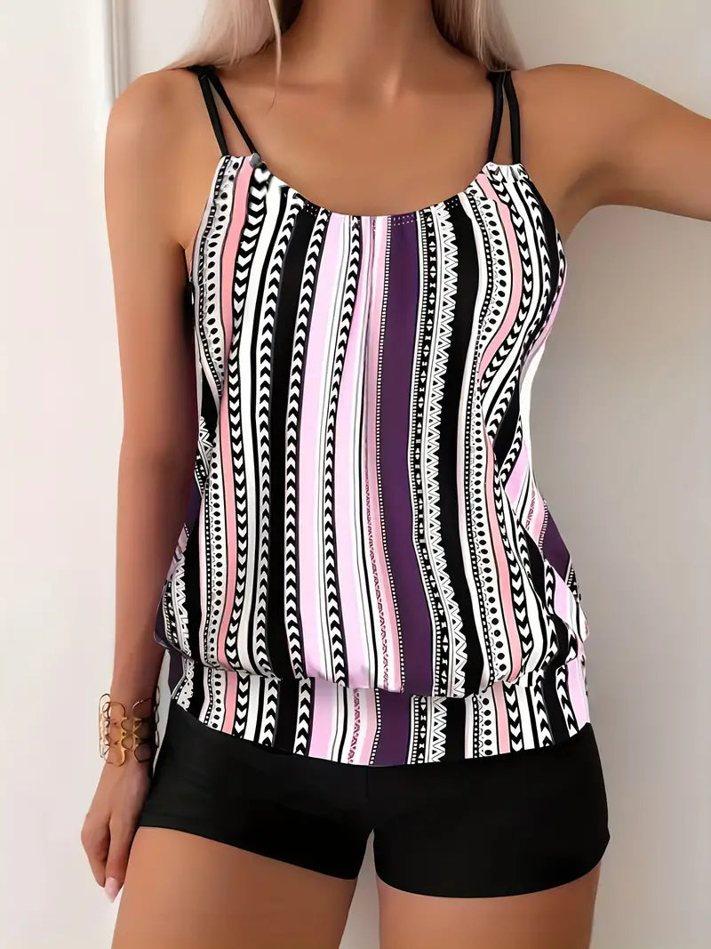 Striped tankini with print