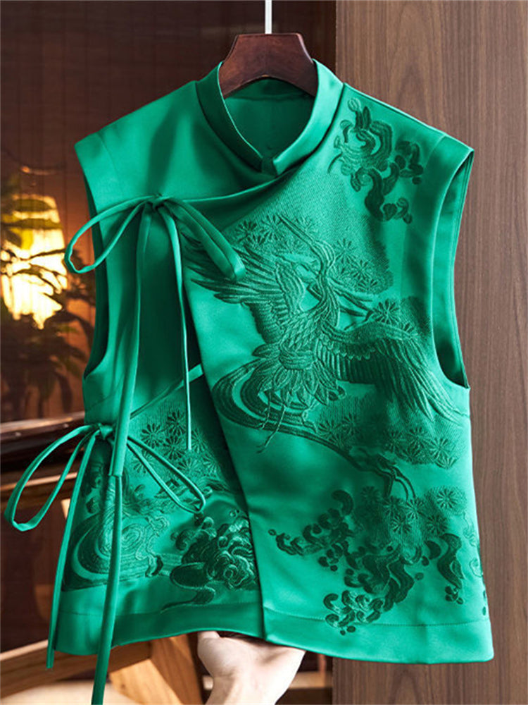Comstylish Classy Cranes Floral Embroidered Satin Wrap Vest