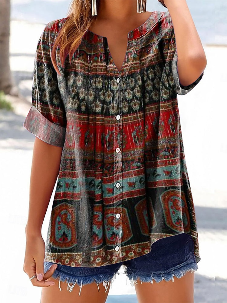 Women's Vintage Ethnic Style Tattoo Pattern Art Printed Cotton Linen S