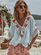 Linen Floral Embroidered Peasant Top
