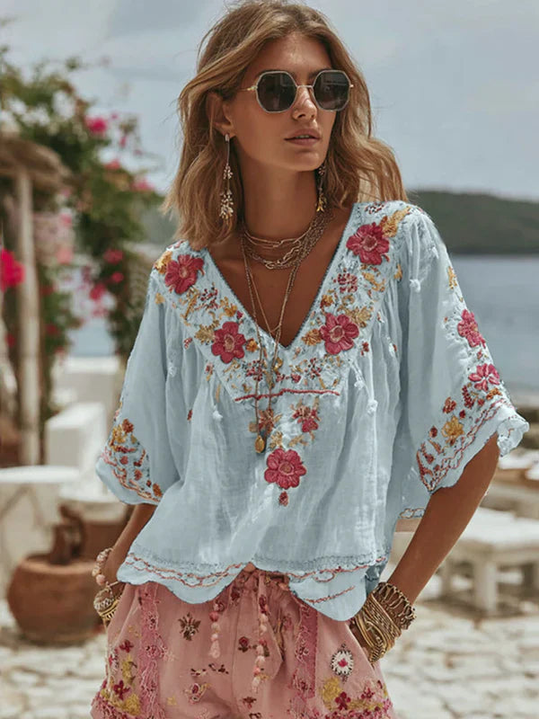Linen Floral Embroidered Peasant Top
