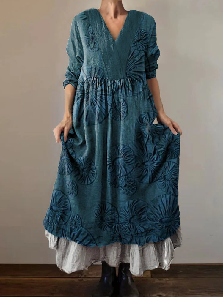 Women's Ethnic Floral Texture Art Pattern Print V-Neck Pocket Cotton D