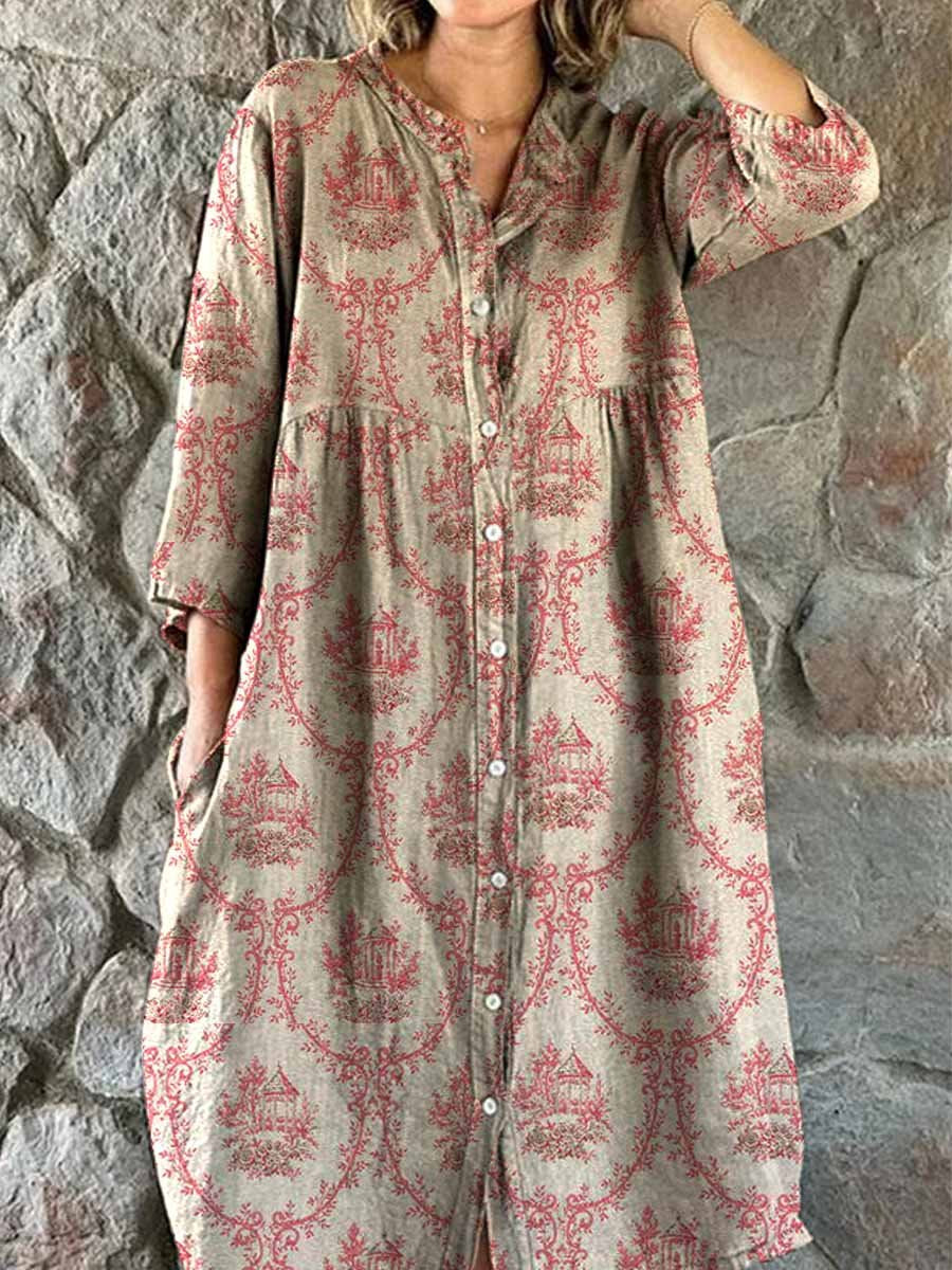 Women's Elegant Simple Floral Pattern Shirt Cotton and Linen Dress wit
