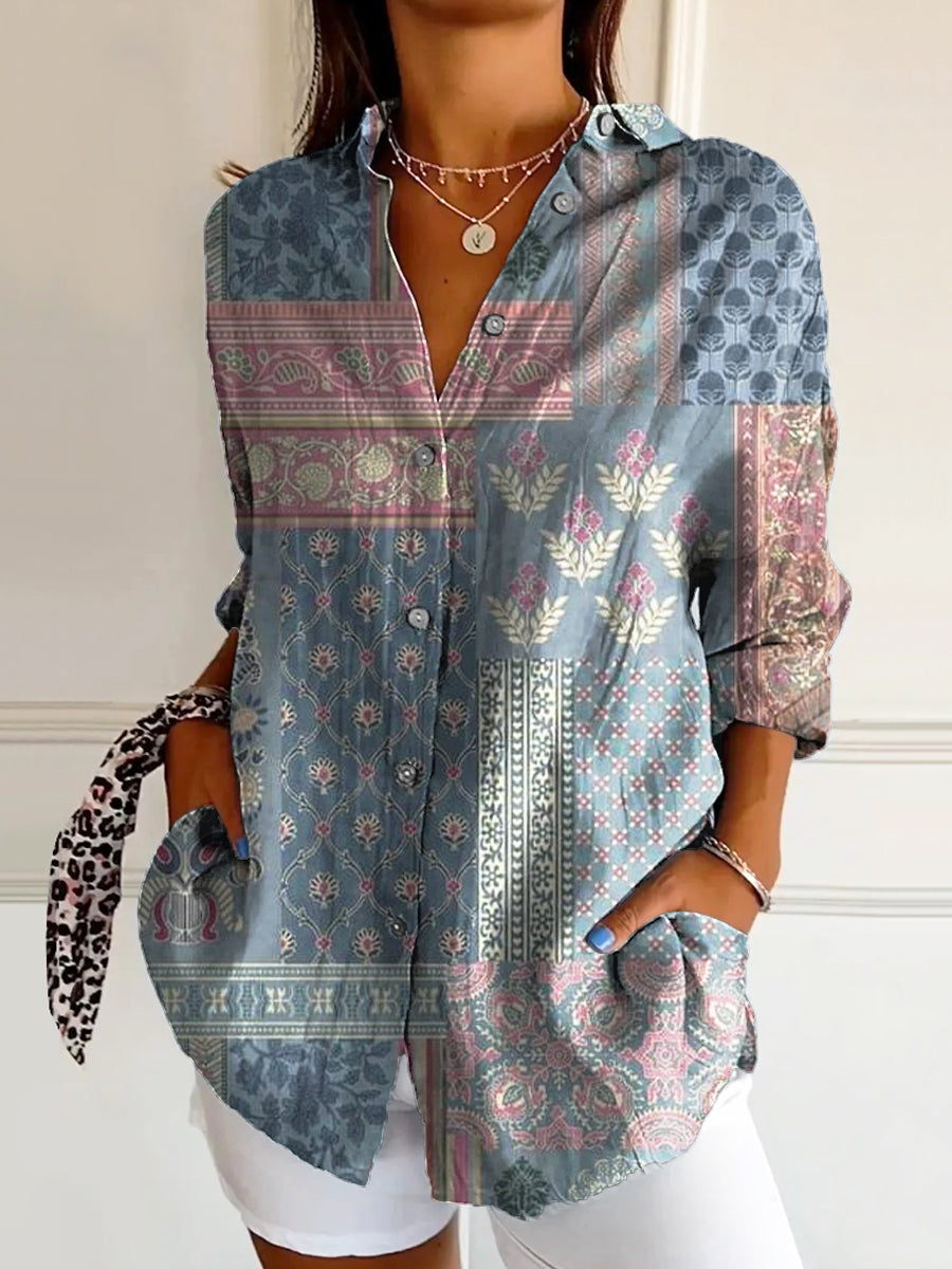 Women's Vintage Ethnic Floral Art Print Casual Cotton Shirt