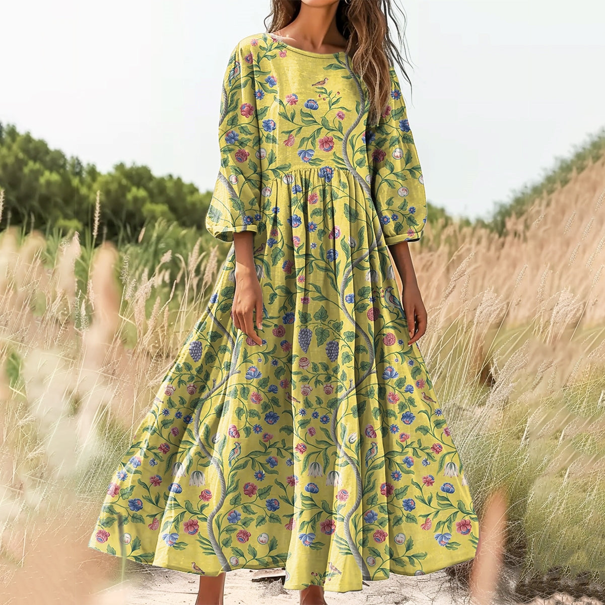 Women's Floral Art Print Cotton Crew Neck Dress