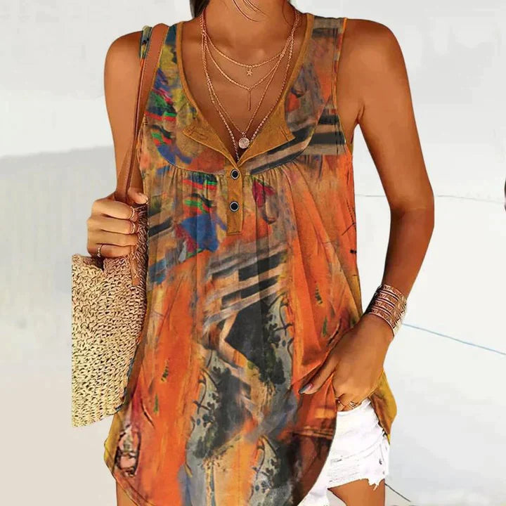 Abstract Print Sleeveless Button Tunic