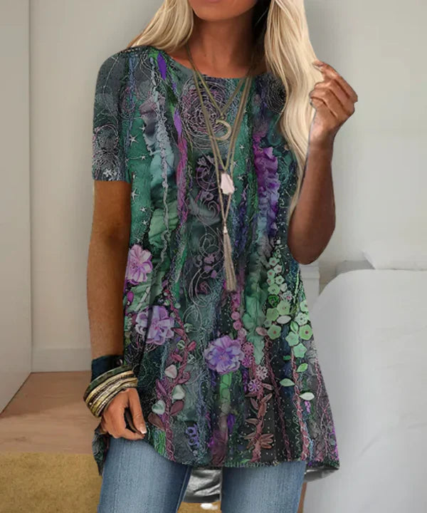 Floral Print Short Sleeve Tunic With Paisley Design