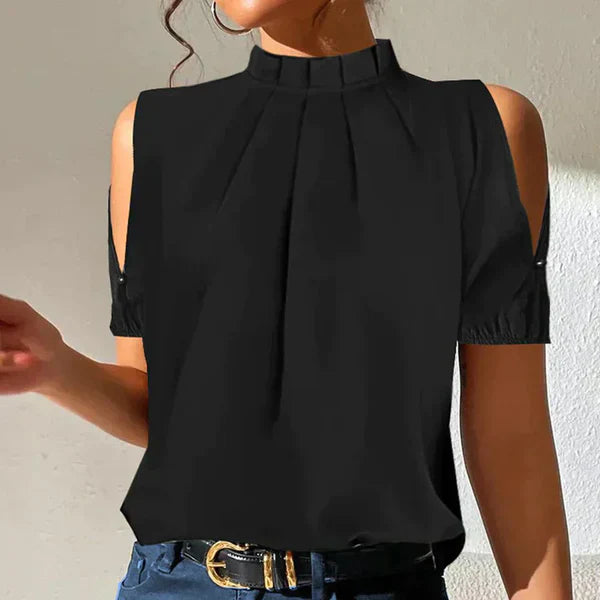 Black Cold Shoulder Pleated Mock Neck Blouse