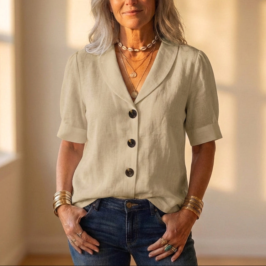 Blouse Beige With Collar & Button Front