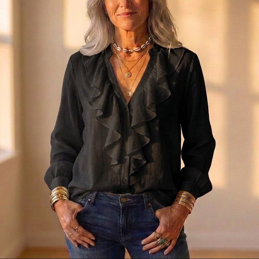Blouse With Cascading Ruffle Front