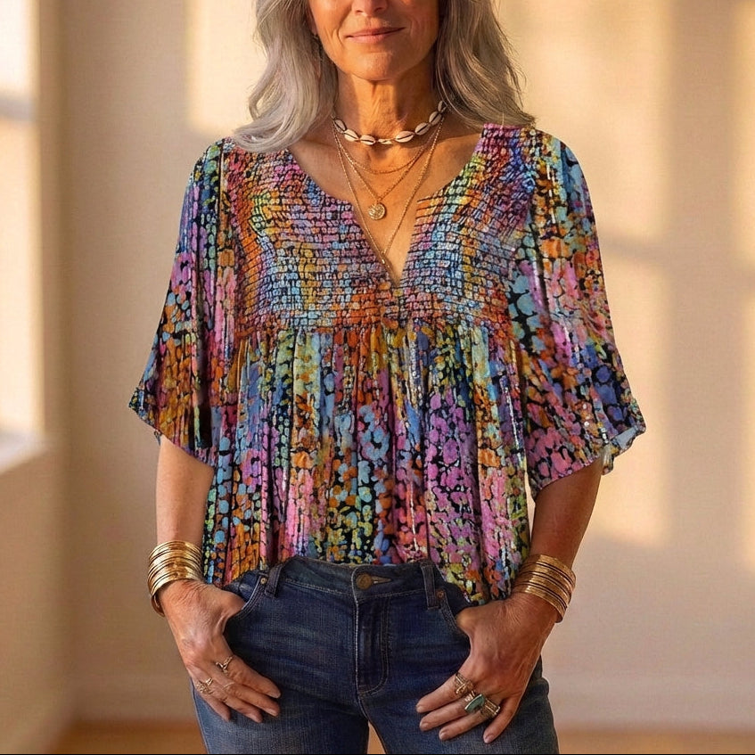 Blouse Multicolor With Floral & Smocked Pattern