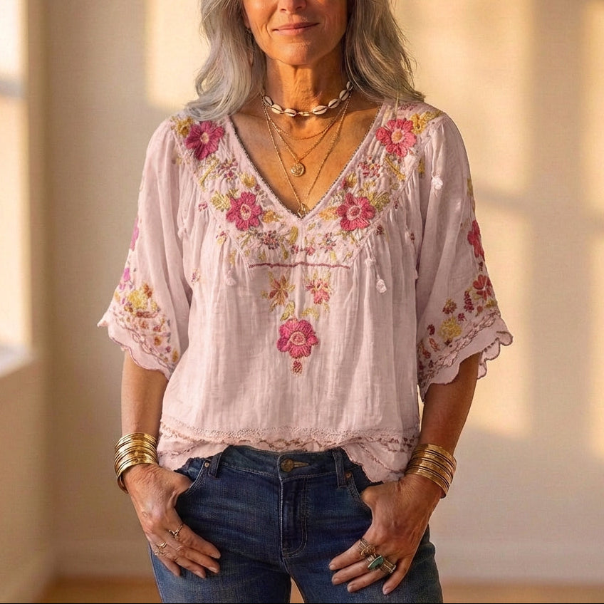 Blouse With Floral Embroidery & Crochet Trim