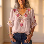 Blouse With Floral Embroidery & Crochet Trim