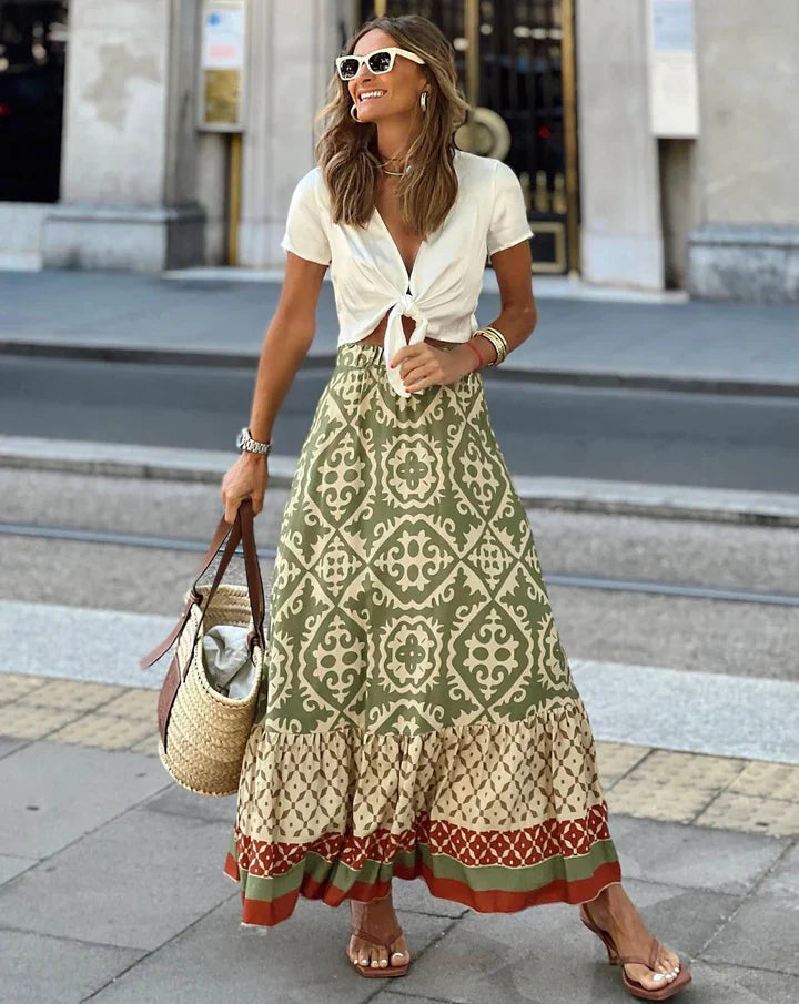 Bohemian Tile Print Tiered Maxi Skirt