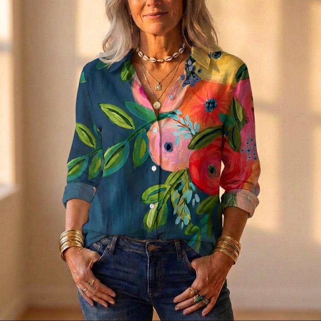 Chiffon Button Up Shirt With Bold Floral Print