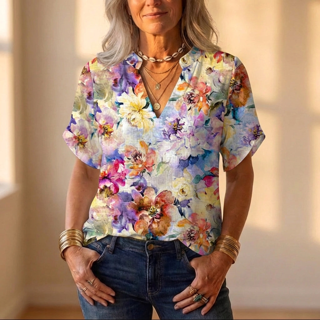 Chiffon V Neck Blouse With Watercolor Floral Print