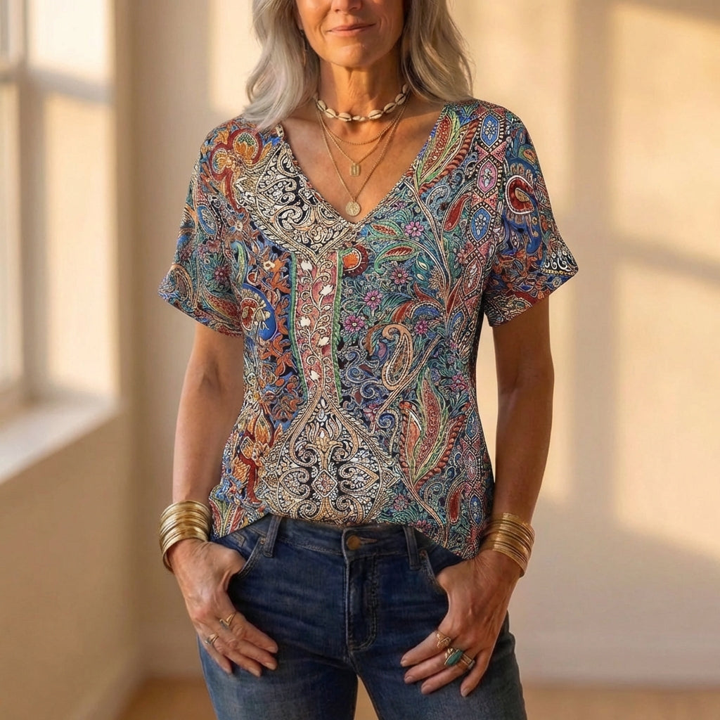 Cotton Blend T Shirt With Multicolor Paisley Print