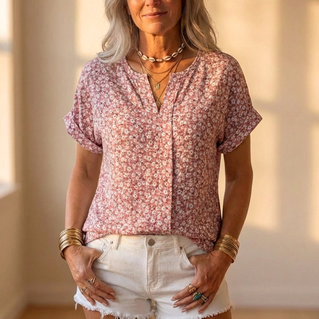 Cotton Blouse With Dusty Rose Floral Print And V Neck