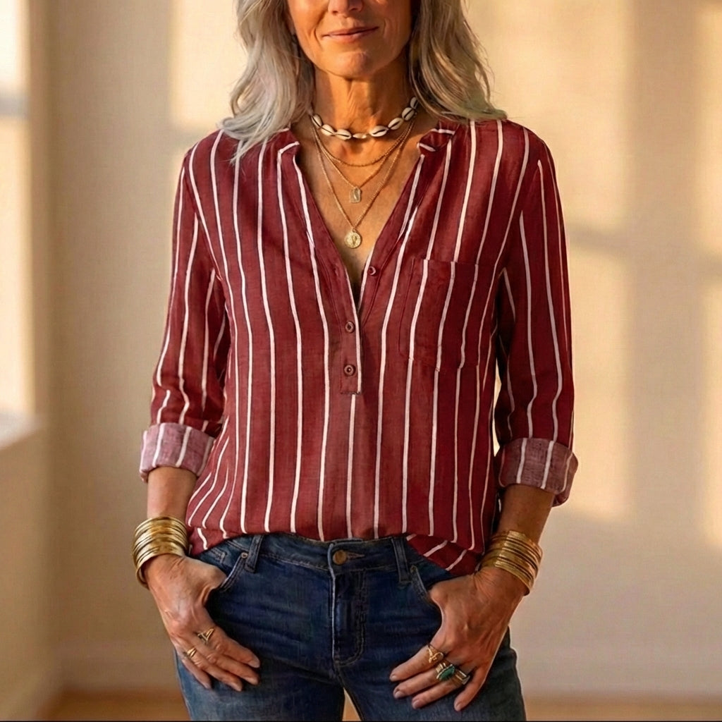 Cotton Button Up Shirt With Burgundy Vertical Stripe